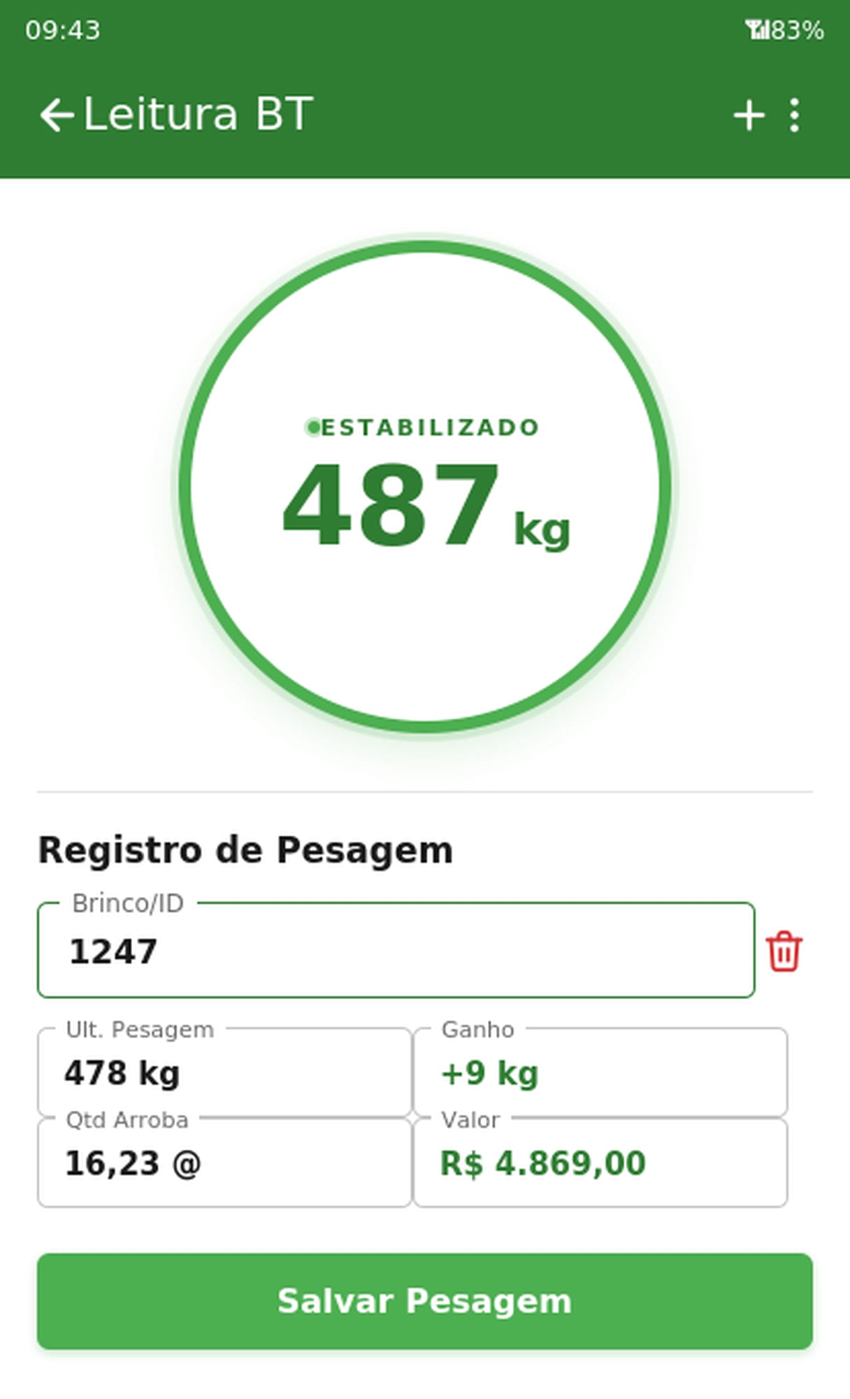 Tela do aplicativo Uber Balanças com balança conectada mostrando peso de 487 kg estabilizado, brinco 1247, arroba 16,23 e valor R$ 4.869,00