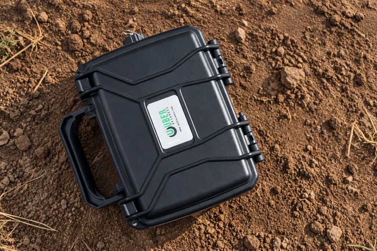 Indicador Uber Ultra na maleta anti-shock fechada, no chão de terra do curral, pronta para o campo